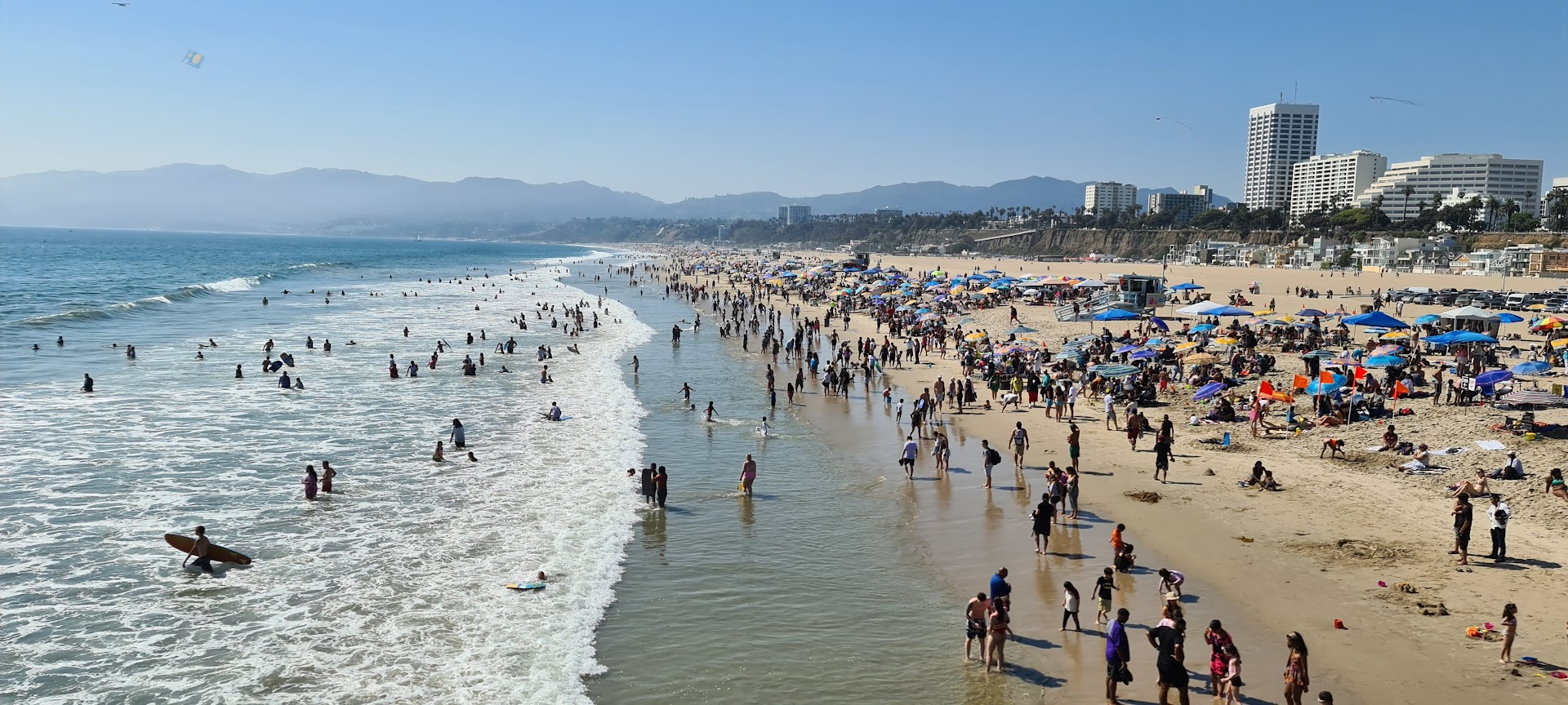 A packed day in summer at Santa Monica beach, California